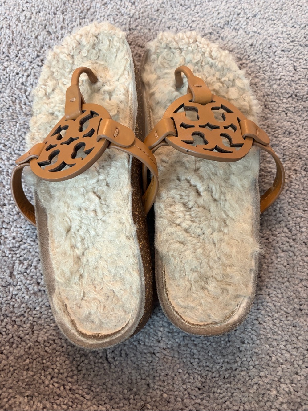 Tory Burch Tan Leather Logo Shearling Slide Sandals